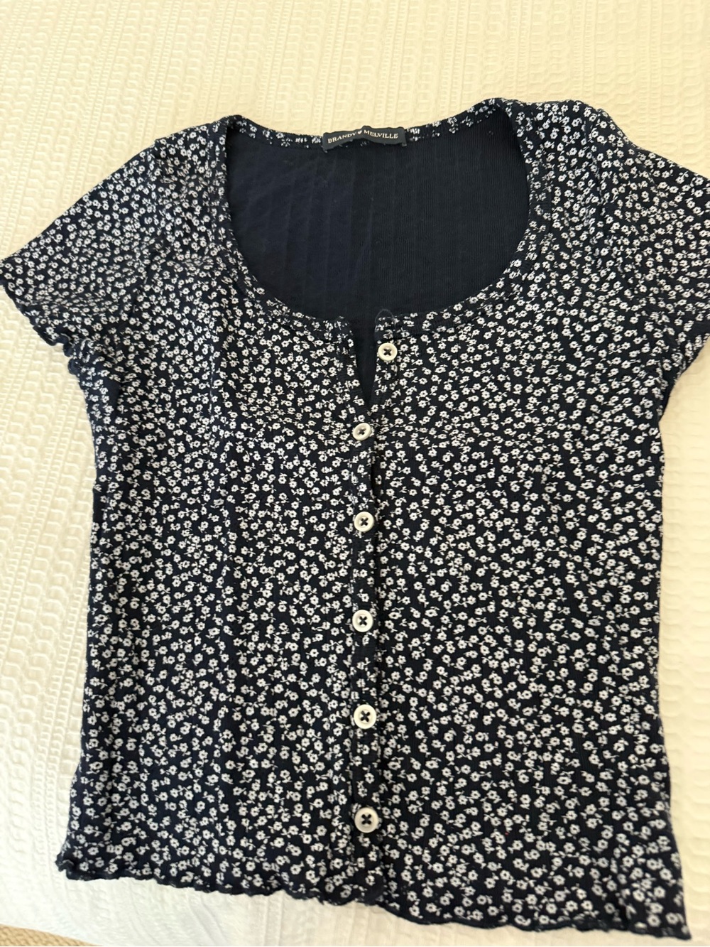 Brandy Melville Navy with White Ditsy Floral Button-Up Top